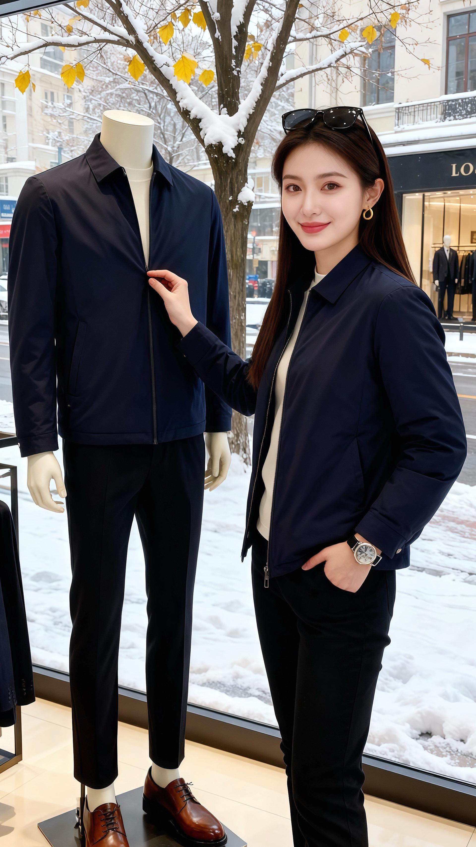 冬日雪落的午后，她推门进咖啡馆时，像裹了一身沉静的墨蓝。藏青色翻领外套...