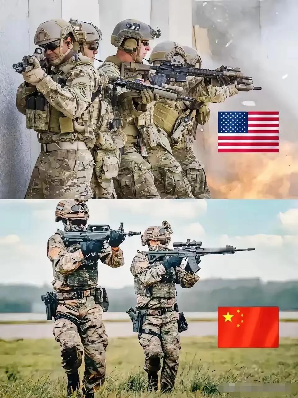 如图，我军与美军的作战服和头盔相似，若在战场上相遇，如何识别敌我。