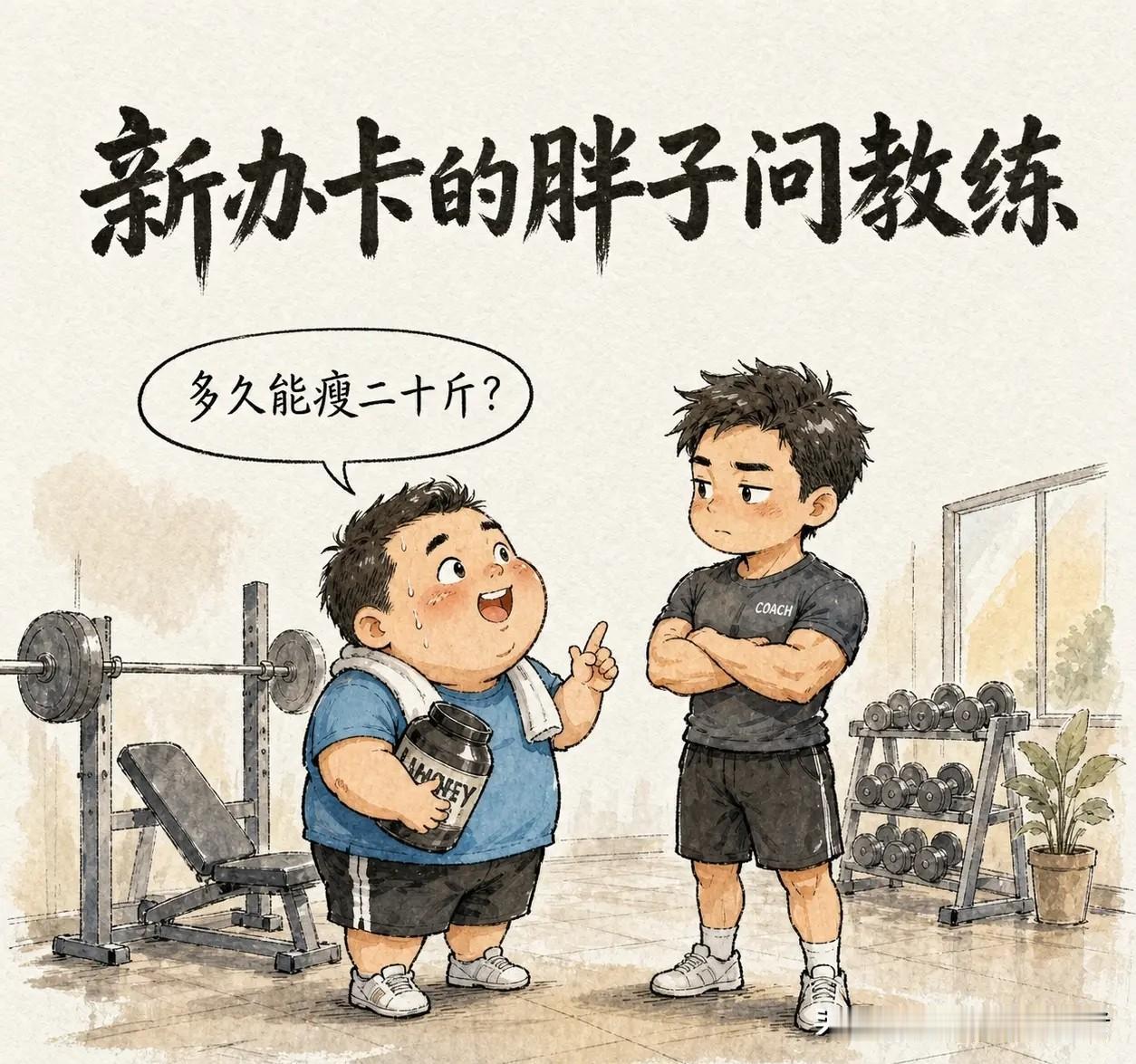 趣味漫画：新办卡的胖子问教练：「多久能瘦二十斤？」教练看了他一眼：「三个月。」胖