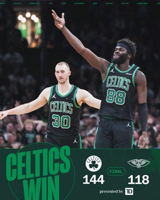 全场比赛结束，我们最终在主场144-118战胜鹈鹕☘️豪瑟24分6篮板4助攻☘️