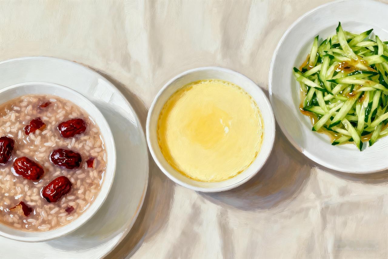 周三
 
早餐：红枣粥、鸡蛋羹、小份凉拌黄瓜
 
- 食材用量：大米50g、红枣