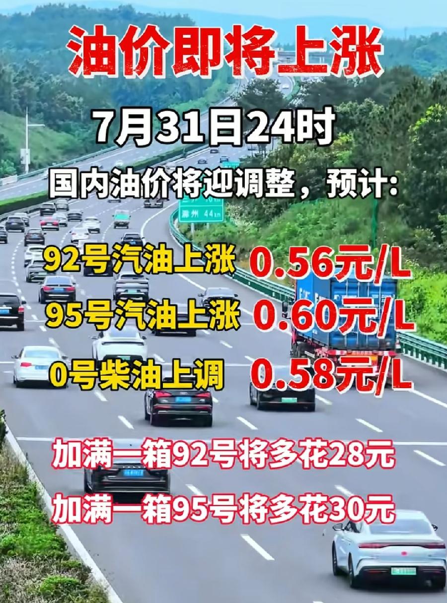 今天赶紧去加油，把车加满！油价又要涨，大涨五、六毛，92号、95号一箱多花约30