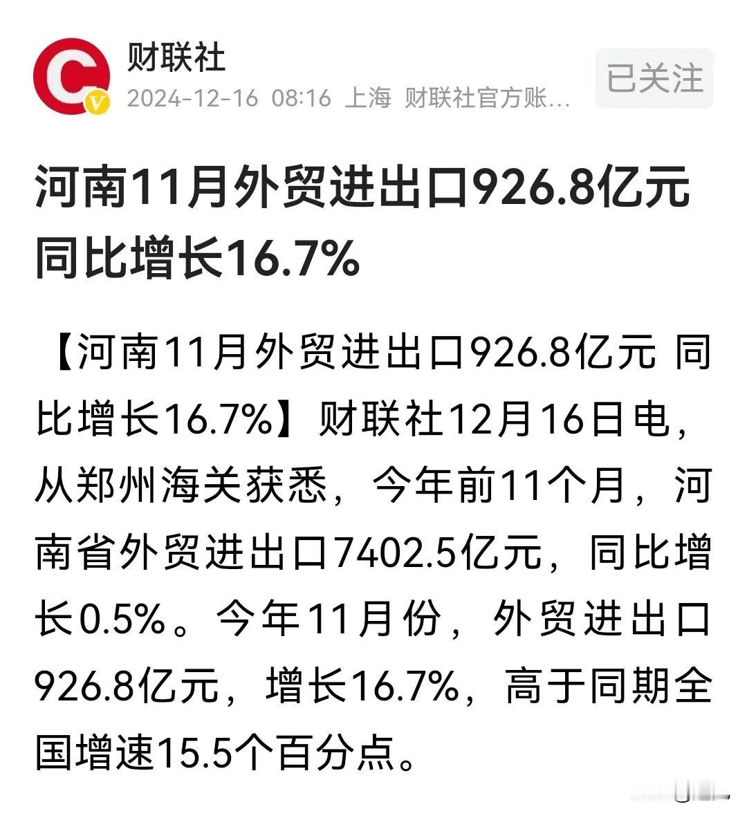 河南外贸发力了，11月份河南外贸进出口总额同比增长16.7%！大幅度领先全国15