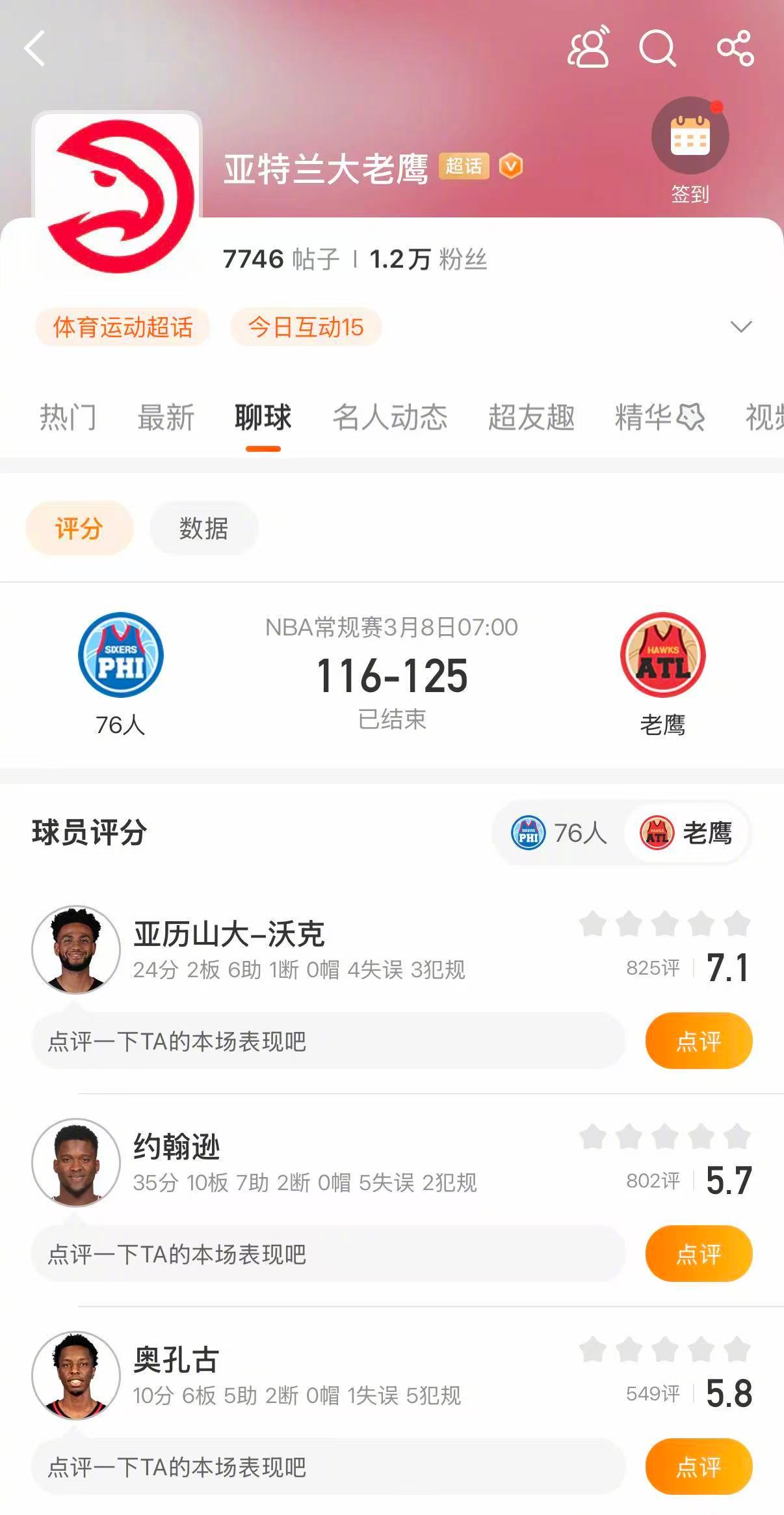 老鹰战胜76人 老鹰125-116战胜76人，取得六连胜。约翰逊35分10篮板7