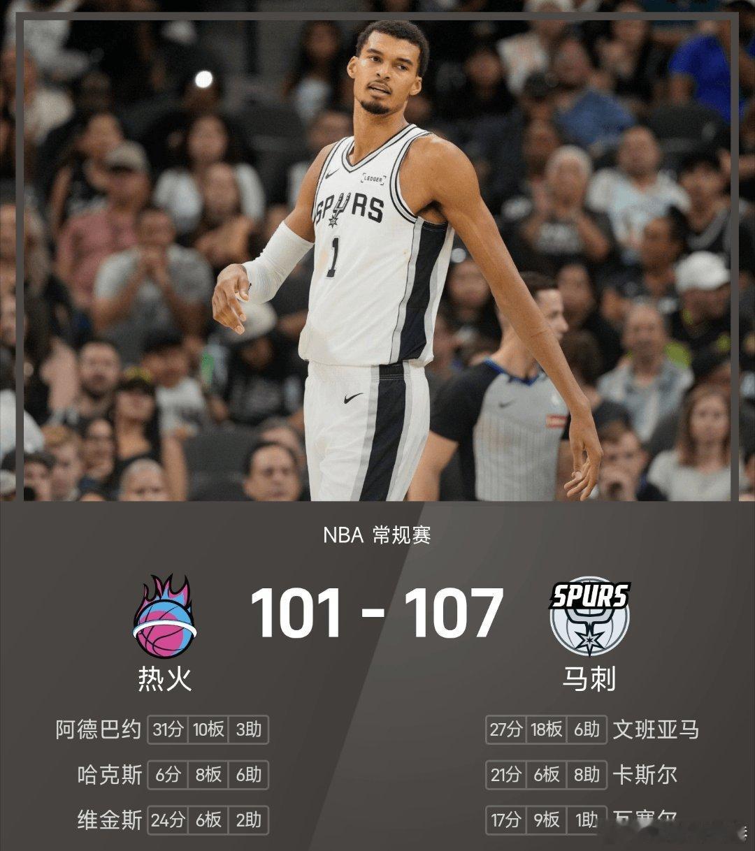 马刺vs热火马刺开局5连胜 马刺107-101战胜热火。取的开赛5胜。文班亚马得