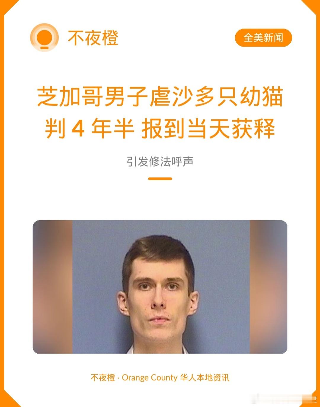 芝加哥男子虐杀多只幼猫被判4年半，由于男子宣判前已被戴电子脚镣居家监控超过一千天