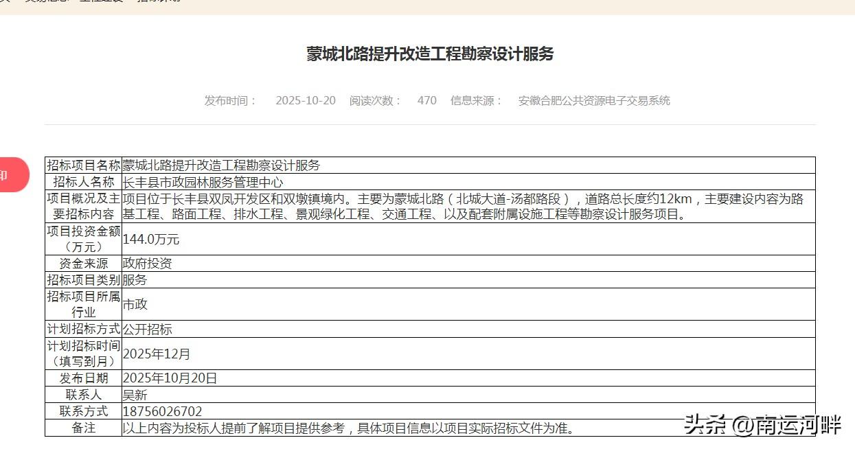 蒙城北路（北城大道-汤都路段）提升改造工程项目，启动勘察设计。
通车了将近20年