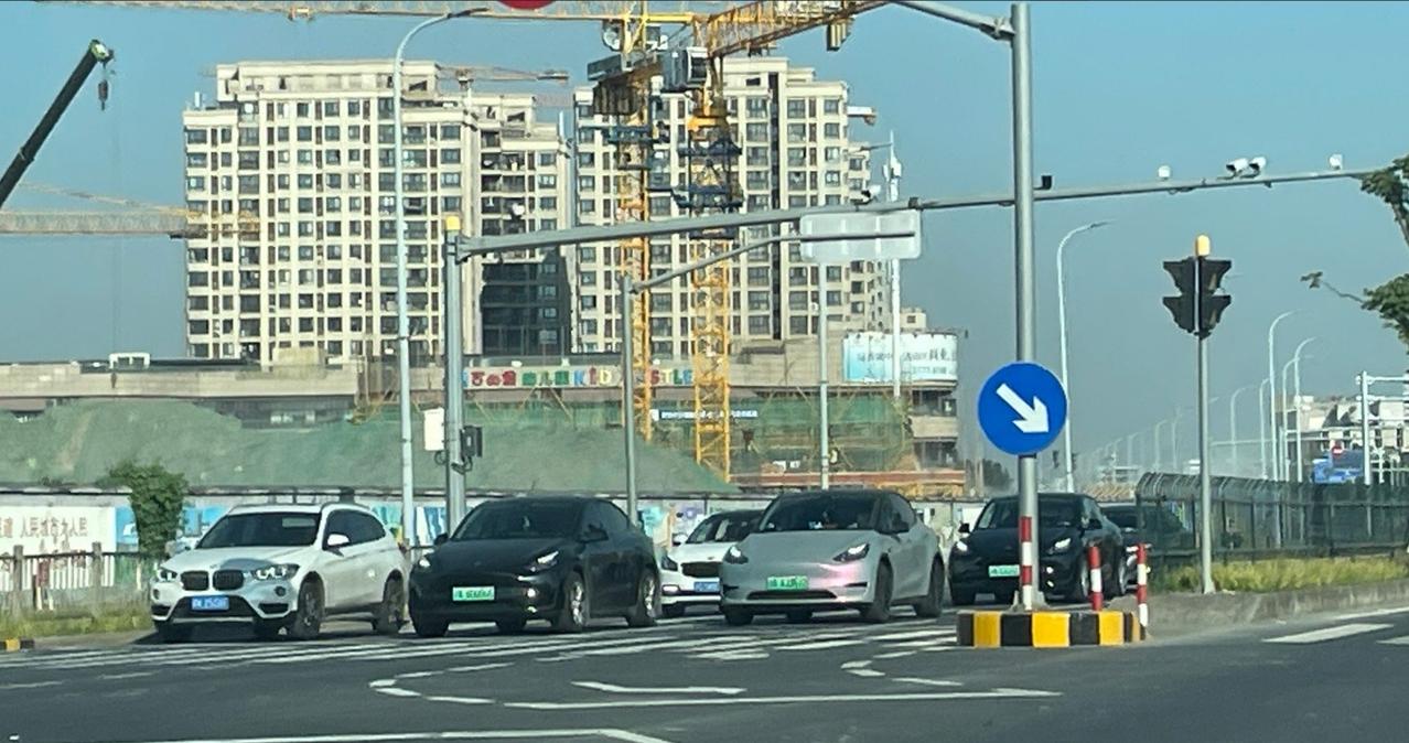 早上去嘉定的路上，一个十字路口，镜头内目之所及的绿牌车，总共3辆，皆是Model