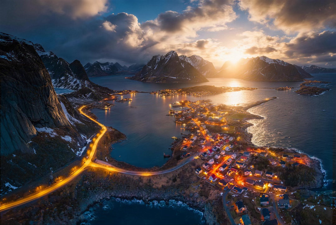 罗弗敦的 Reine，天光未尽，灯火已暖。团队今天开始返回奥斯陆。 挪威