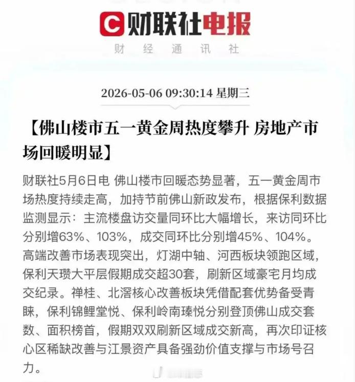 五一佛山楼市，来访同比增加63%，环比增加103%。成交同比增长45%，环比增长