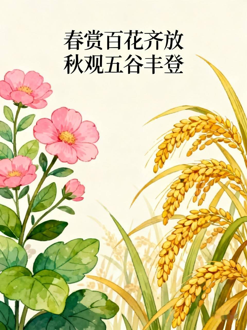 看到“春赏百花齐放”这个上联，我脑海里一下子蹦出“秋观五谷丰登”作为下联。春天是