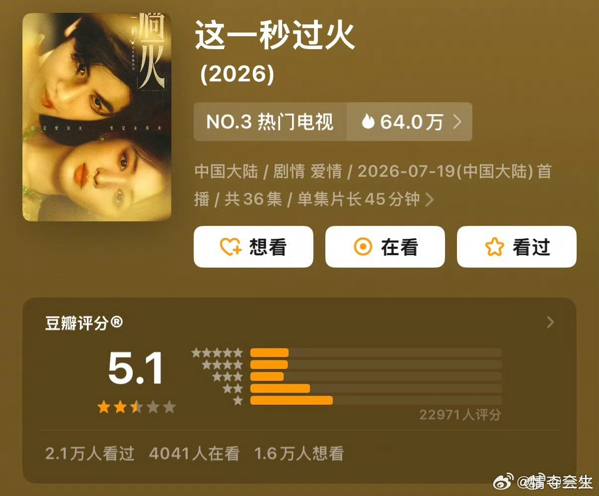 2026暑期档热播剧豆瓣开分，你看了哪一部？🥝独播的评分都还蛮高的《这一秒过火
