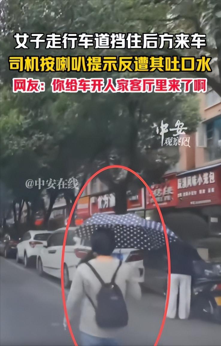 “太缺德了！”10月14日，湖南，一女子打着伞走行车道妨碍车辆行驶，后车司机见状