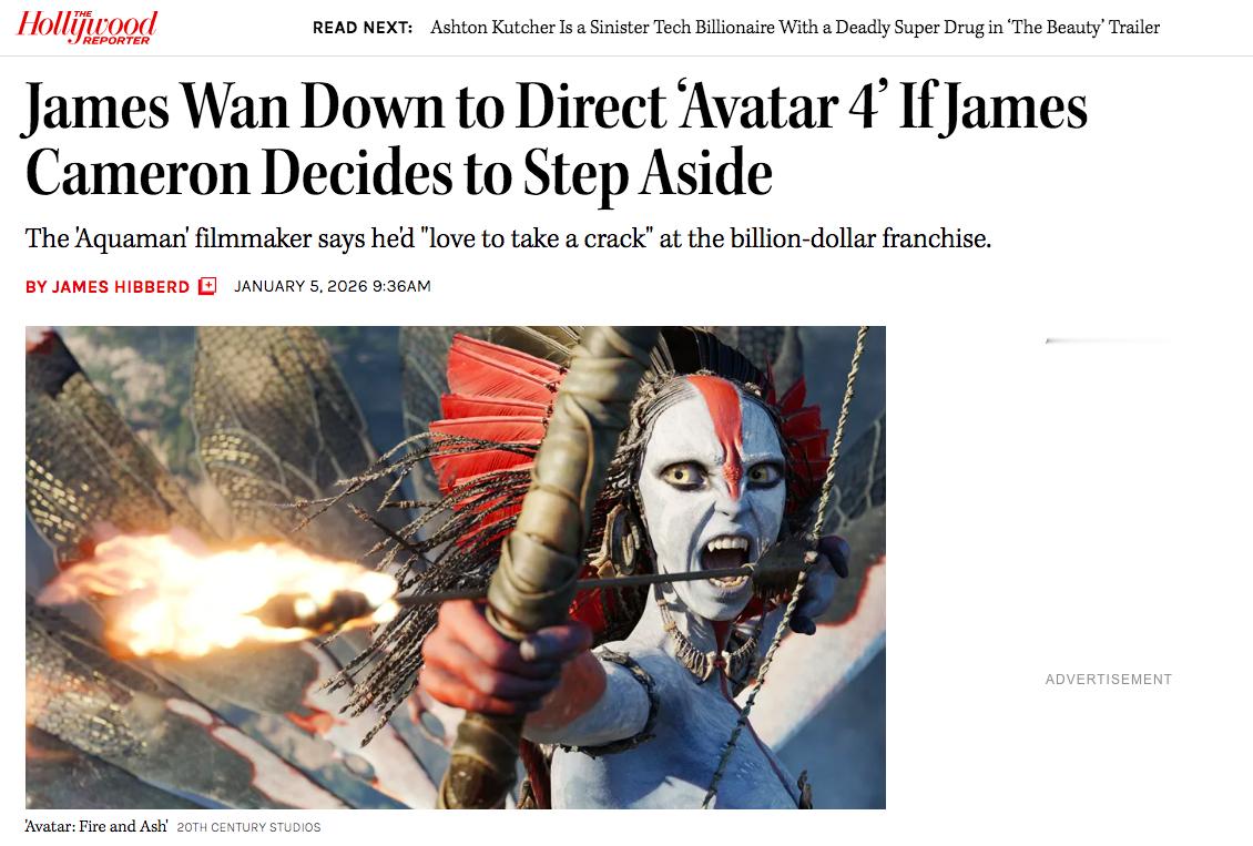 TNABO 温子仁发话，表示如果詹姆斯·卡梅隆真的不拍《阿凡达4》，他乐意出力帮