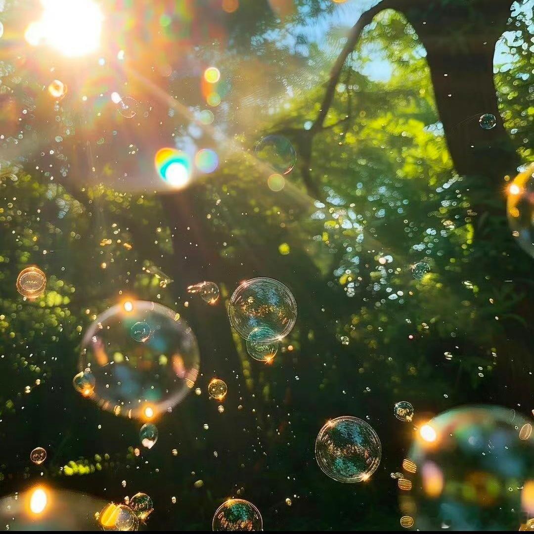 光落林间，泡泡载着碎金向风而行。每一颗透明的圆里，都藏着一个小小的太阳，温柔得让