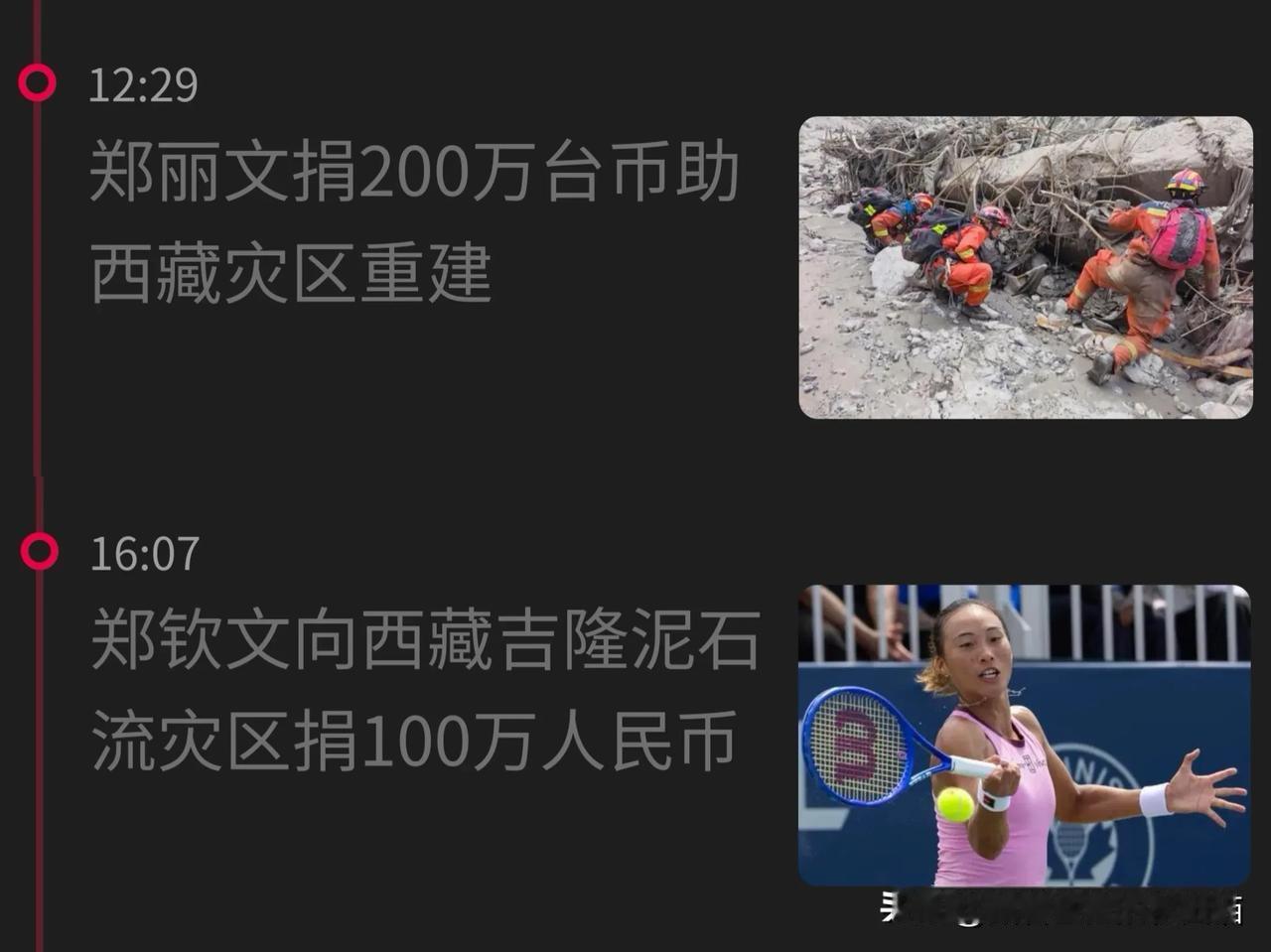 一个叫郑丽文，捐了200万新台币；一个叫郑钦文，捐了100万人民币。

两则几乎