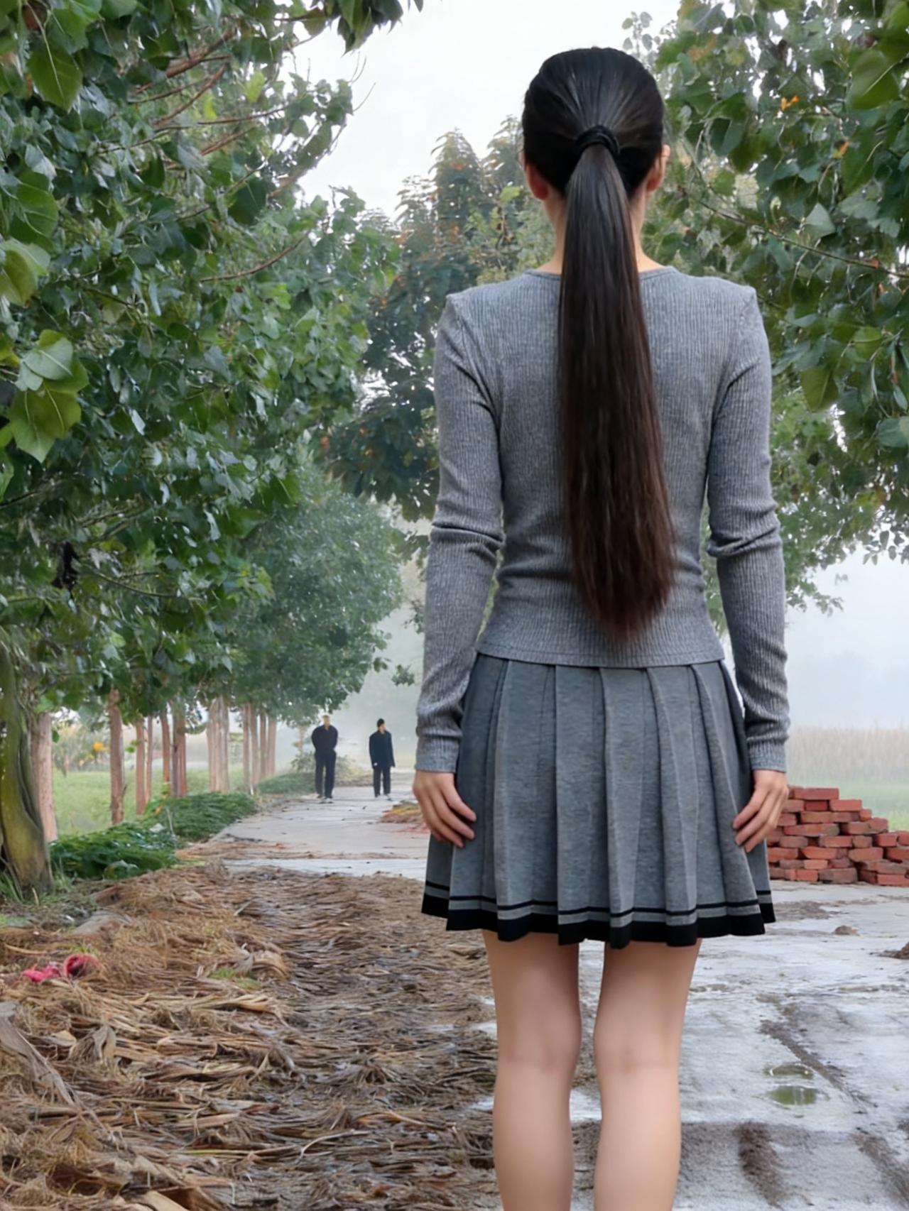 《马尾摇落的晨昏》
 
她把三千青丝绾成一把垂瀑
灰色针织衫裹住江南的雾
裙摆的