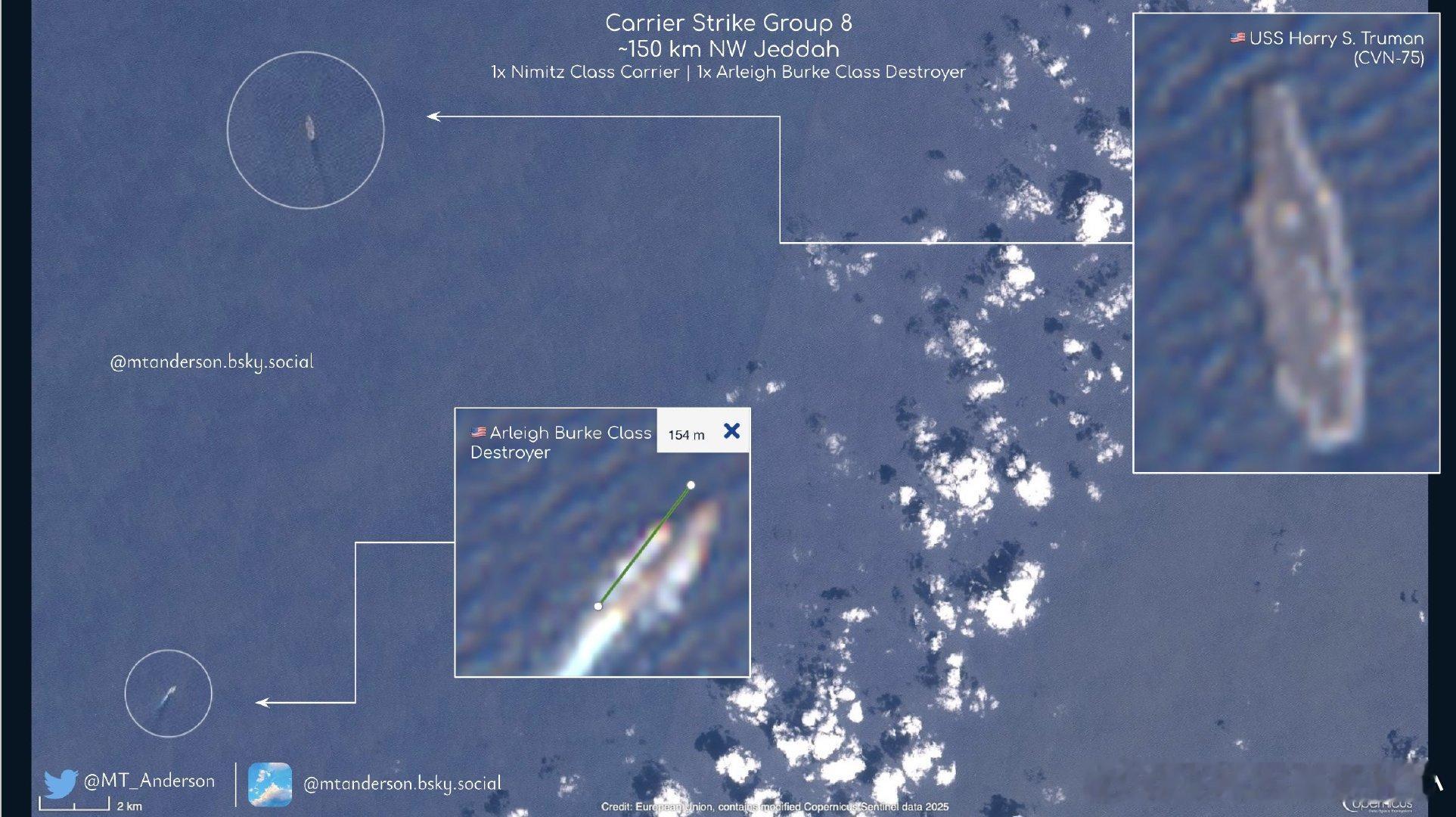 2025 年 3 月 9 日，哨兵 2 号发现 CVN-75 和 1 艘阿利伯克