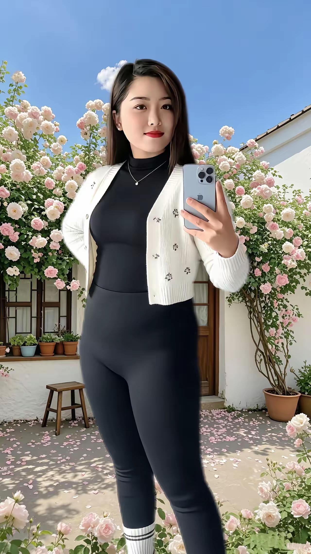 图片中的女人，大腿丰满圆润，皮肤白白嫩嫩，眼睛明亮有神，头发乌黑，眼角弯弯，像是