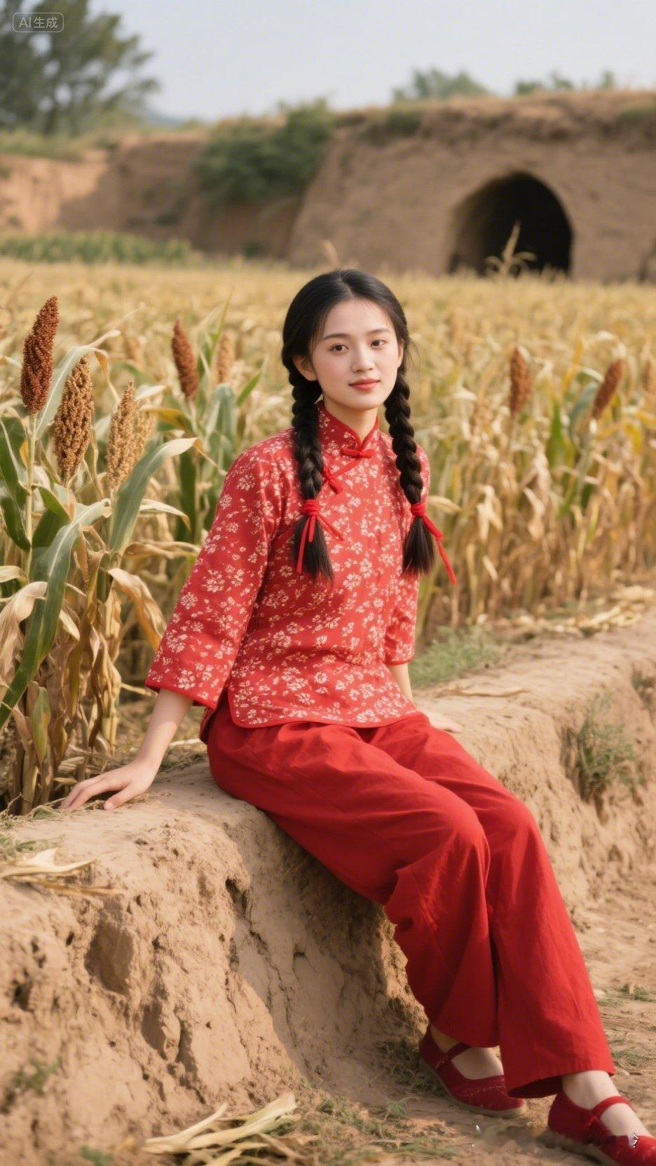 红衣少女坐田间，玉米地里的古风美