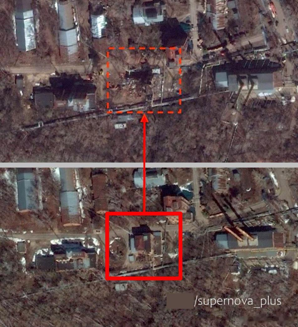 卫星图像，喀山火药厂由于4月14日的爆炸，工厂场地内可以看到一座完全被摧毁的生产