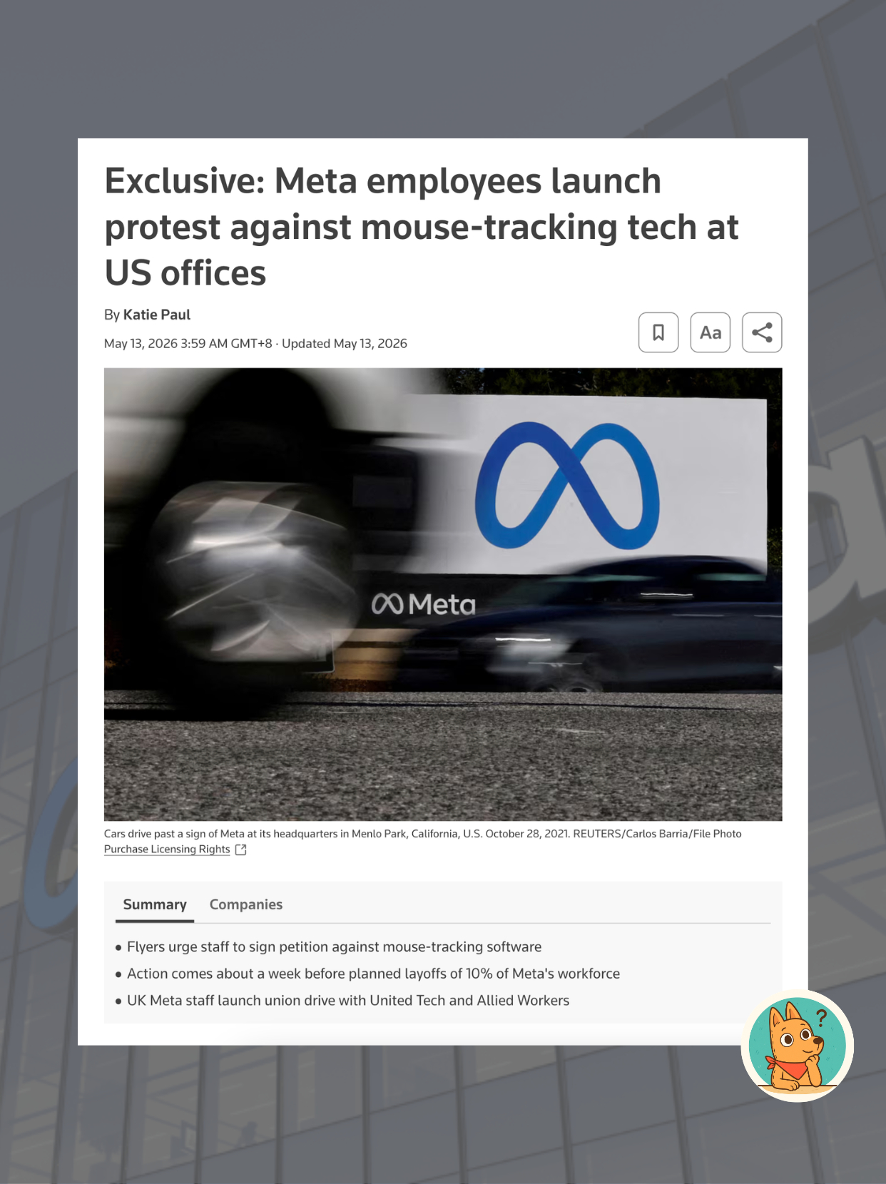 根据路透社报导，Meta 正在推动一项名为 MCI 的计划，强制在员工电脑安装软