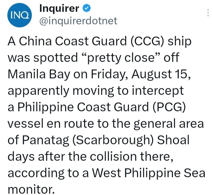 中国海警依法驱离菲船菲律宾媒体称，今天（15日），一艘中国海警船被发现位于马尼拉