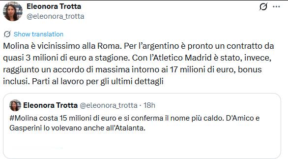 Trotta：罗马为莫利纳准备了一份年薪税后300万欧元的合同，目前只差最终细节
