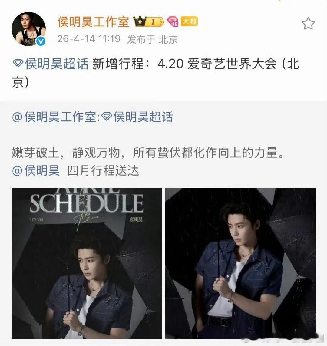 侯明昊 确认出席4.20爱奇艺世界大会！期待侯明昊 《雀骨》和《碧血蝉》新物料