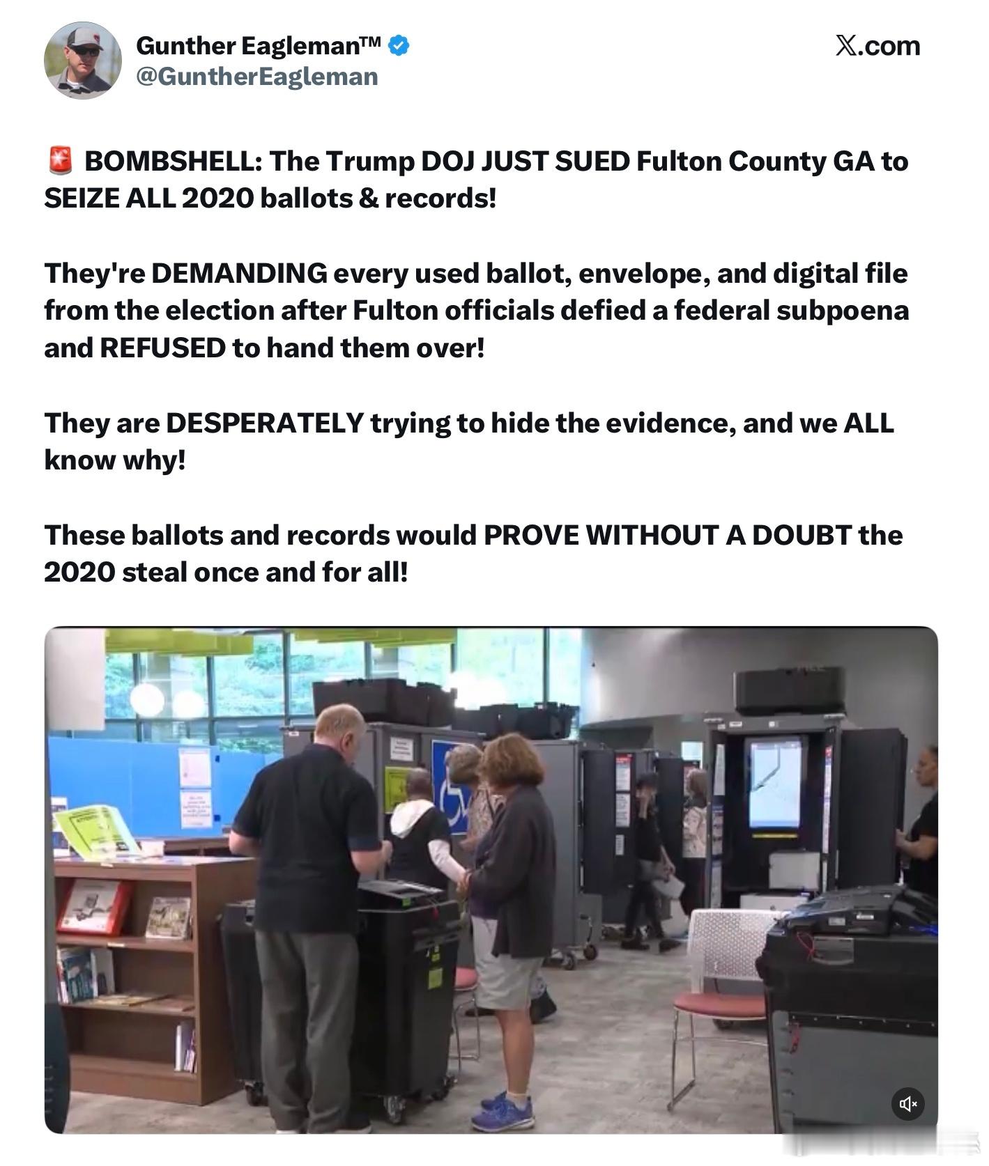 司法部剛剛起訴喬治亞州富爾頓縣，要求沒收所有2020年大選選票和記錄！富爾頓縣官