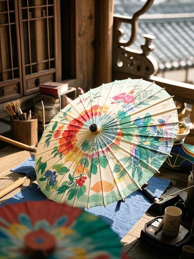 中国文化彩绘油纸伞非遗手作彩绘油纸伞是一种传统的非遗手作工艺品，其制作技艺历史悠
