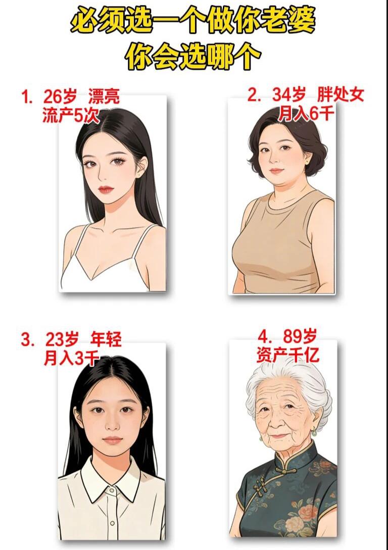 男人选老婆，什么最重要？贞洁，颜值，金钱？如果让你从下面4个女人中选一个做老婆，