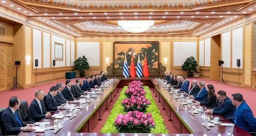 北京时间2月3日上午，中方和来华进行国事访问的乌拉圭总统奥尔西举行会谈，并在现场