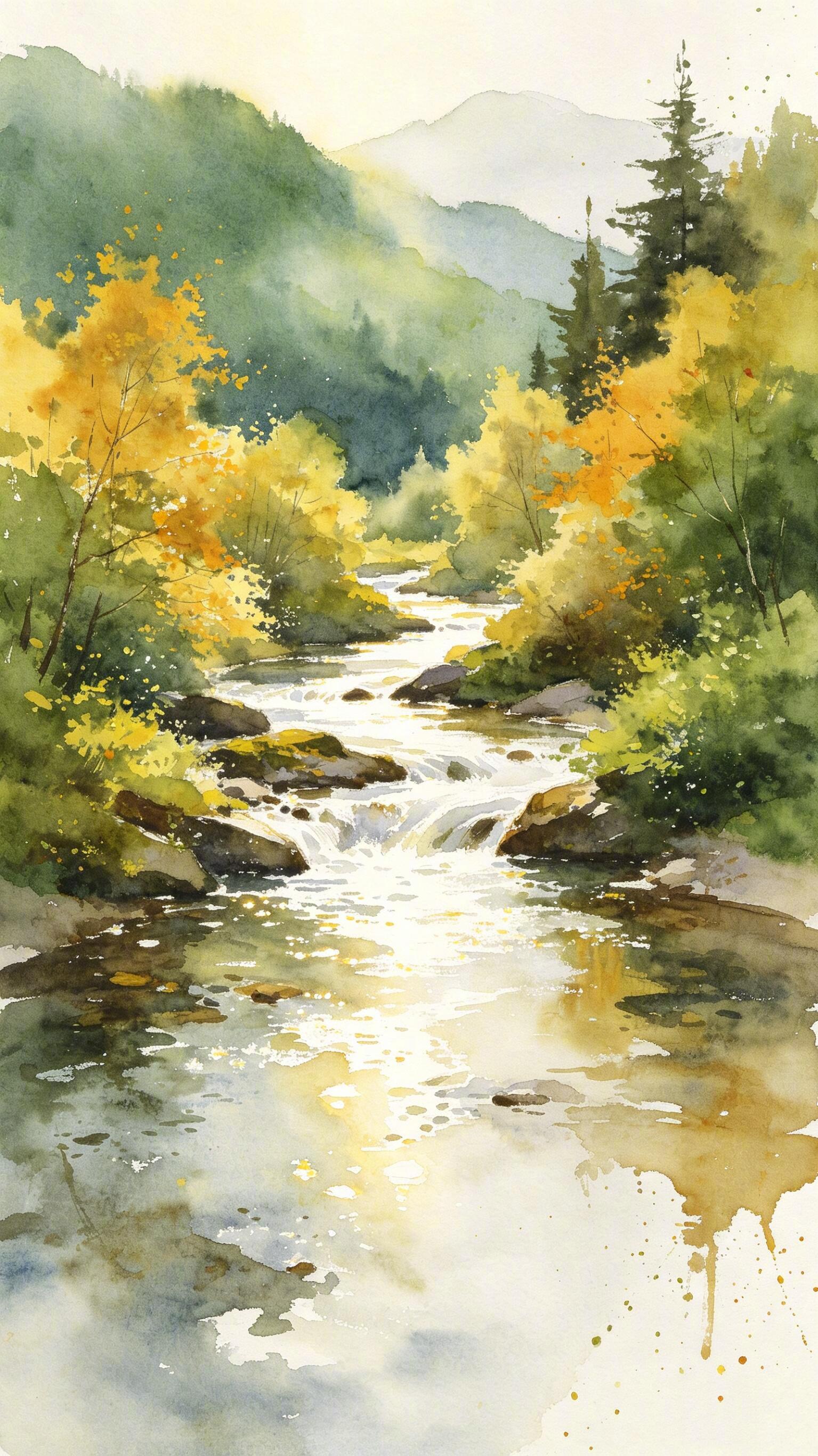 风景水彩画，五色秋天 