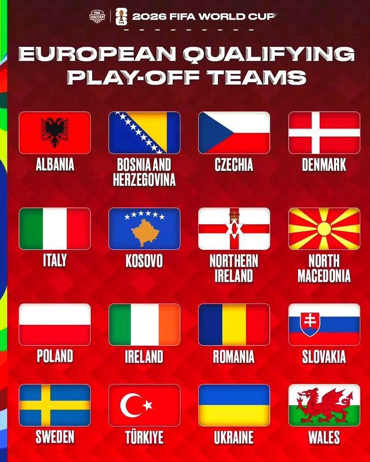 现在是16个国家争夺4个附加赛晋级名额。

大多数人都关心意大利，对不对？？
