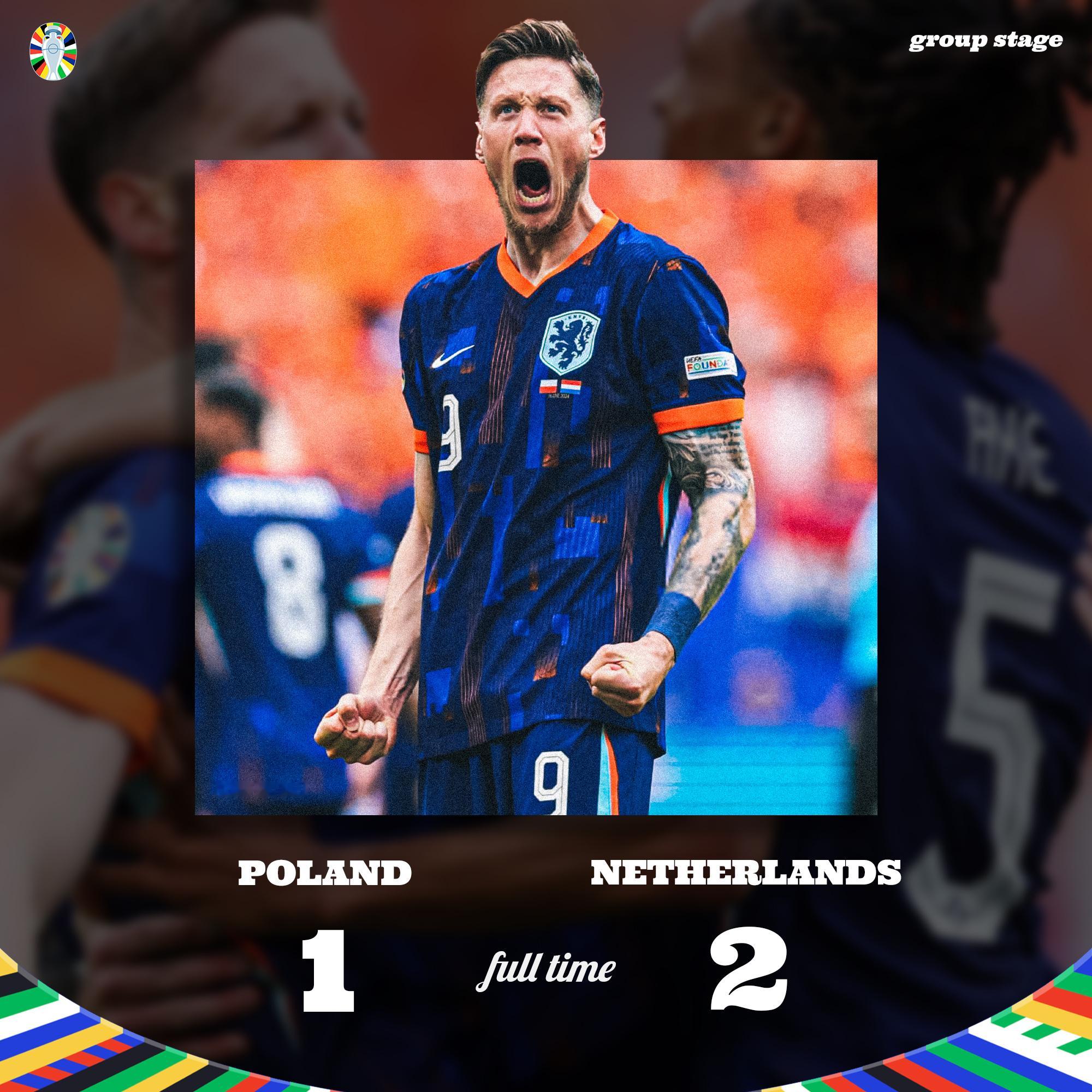 FT | 波兰 1-2 荷兰郁金香逆转，荷兰赢得欧洲杯开门红。🇳🇱#波兰1比