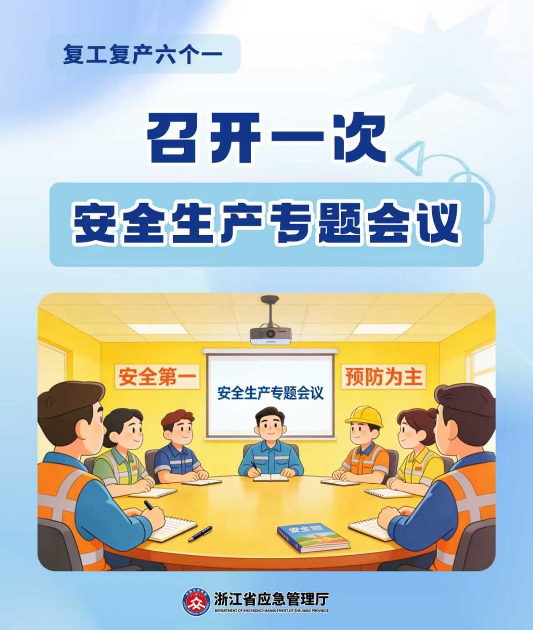 复工复产要落实做好“六个一”：
1.召开一次安全生产专题会议；
2.制定一份复工