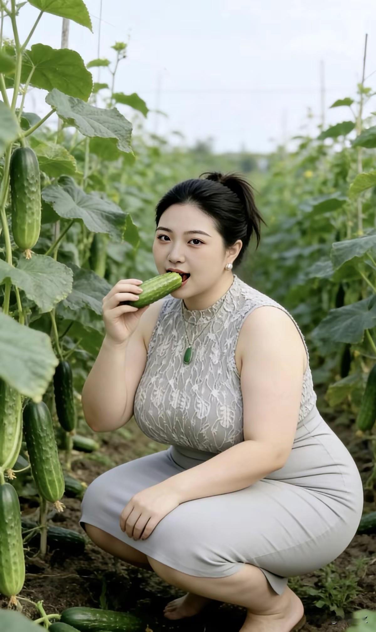 摘下一根嫩黄瓜，
只是用手擦了擦。
直接生吃咬一口，
清香甜脆味沙拉。