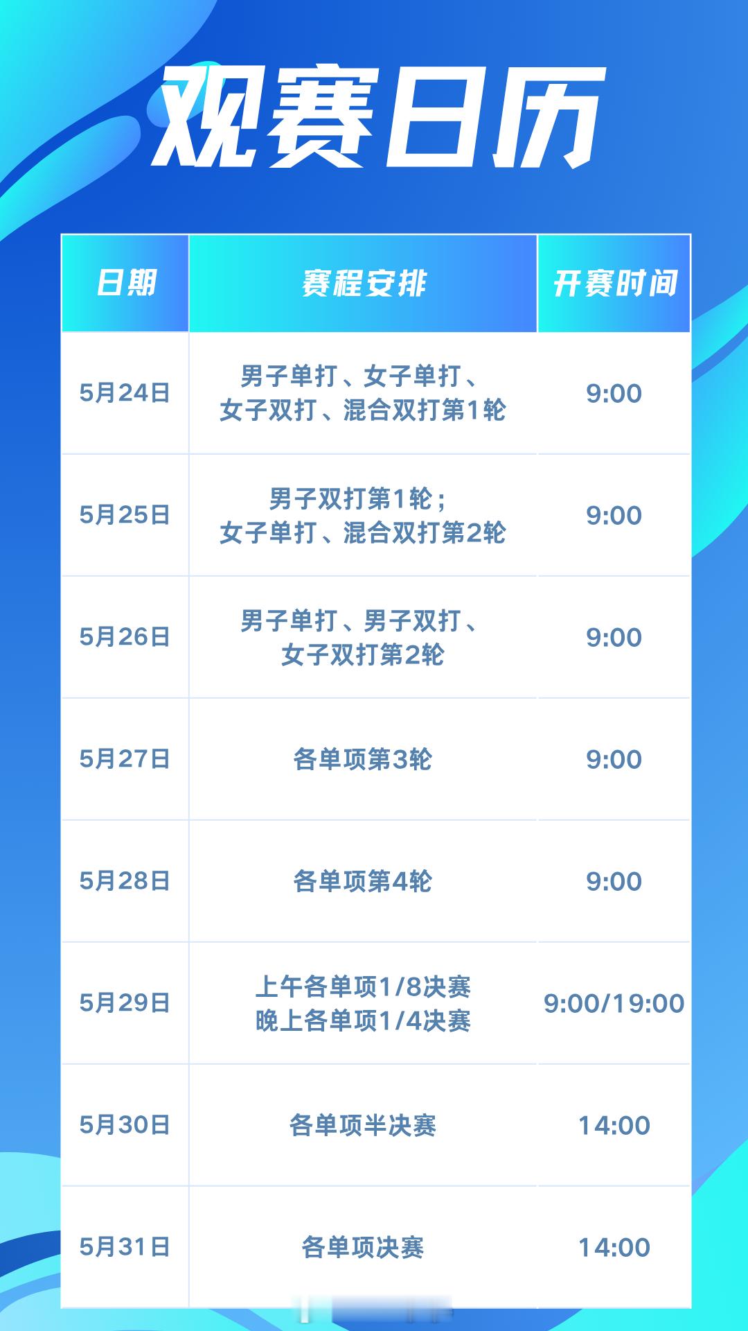 2026全国羽毛球单项冠军赛每日赛程 