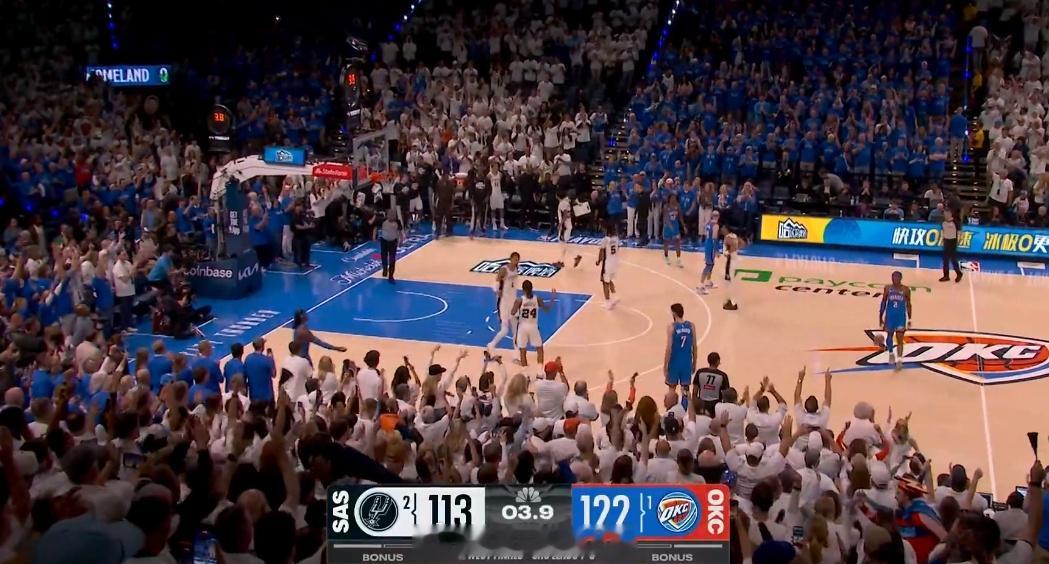 在2026年NBA西部决赛第二场（G2）中，雷霆主场以122-113战胜马刺，将