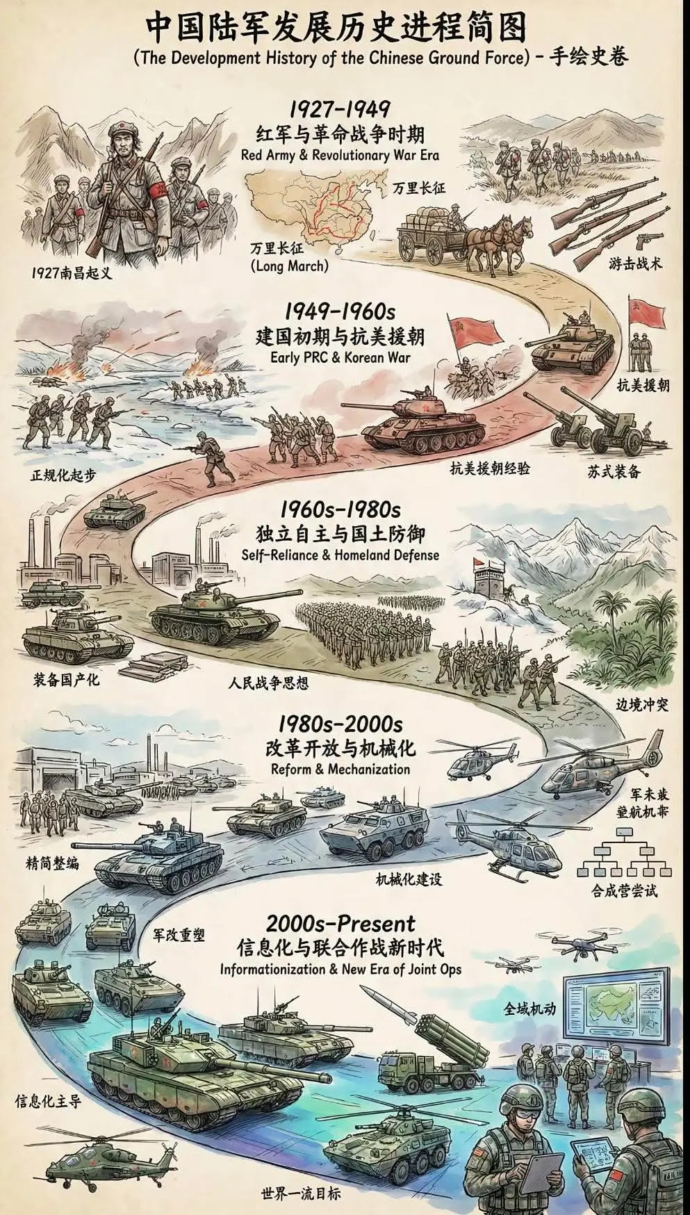 网友做的《中国陆军发展历史进程简图》，从无到有，从弱到强，前20多年的浴血奋战，