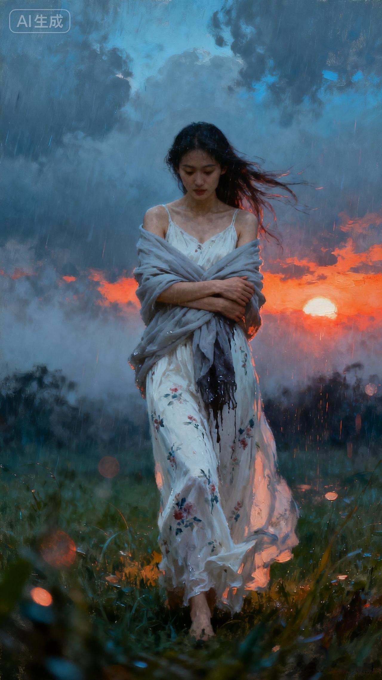 雨中漫步，夕阳映照出唯美画面。