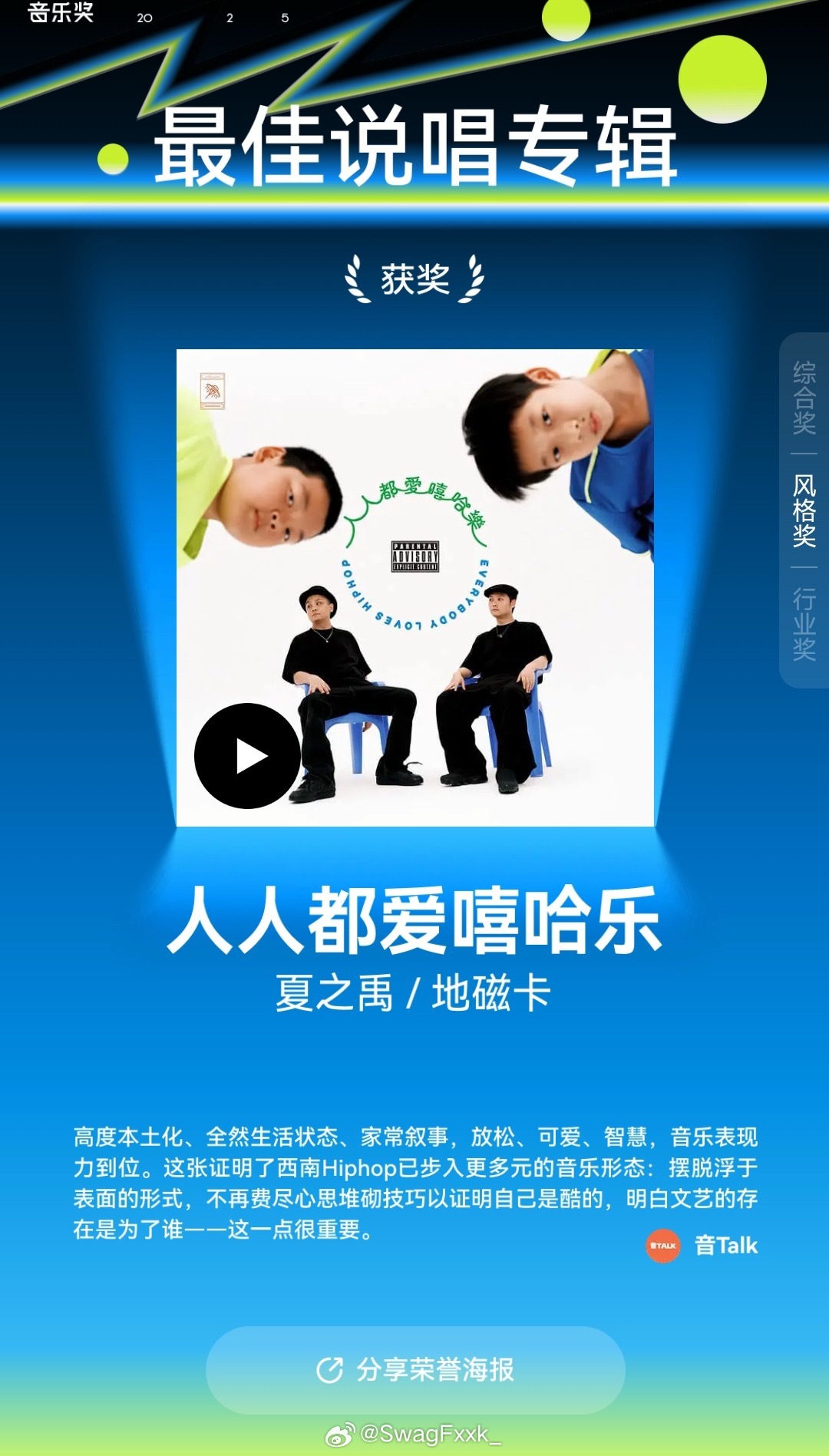 网易云音乐硬地原创音乐奖公布2025年度最佳说唱专辑：夏之禹/地磁卡《人人都爱嘻