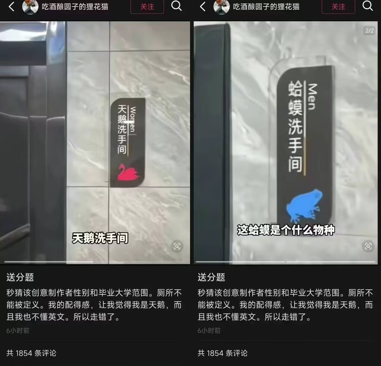 男厕所是蛤蟆，女厕所是天鹅……设计师真的是“那么普通，又那么自信”。 ​​​