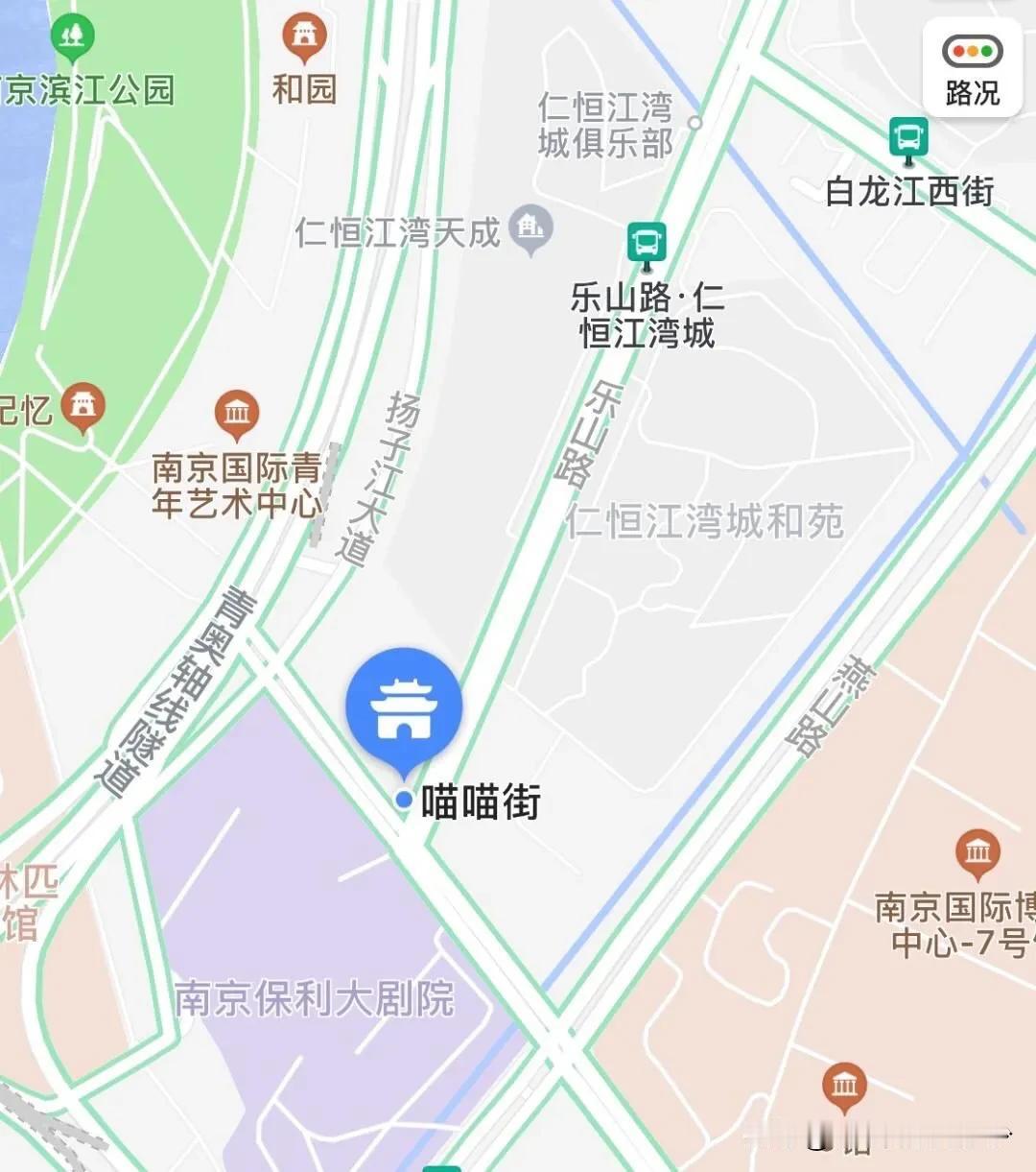 “喵喵街”坐落于建邺区金沙江西街与乐山路交汇处，毗邻青奥双子塔及保利大剧院，对面