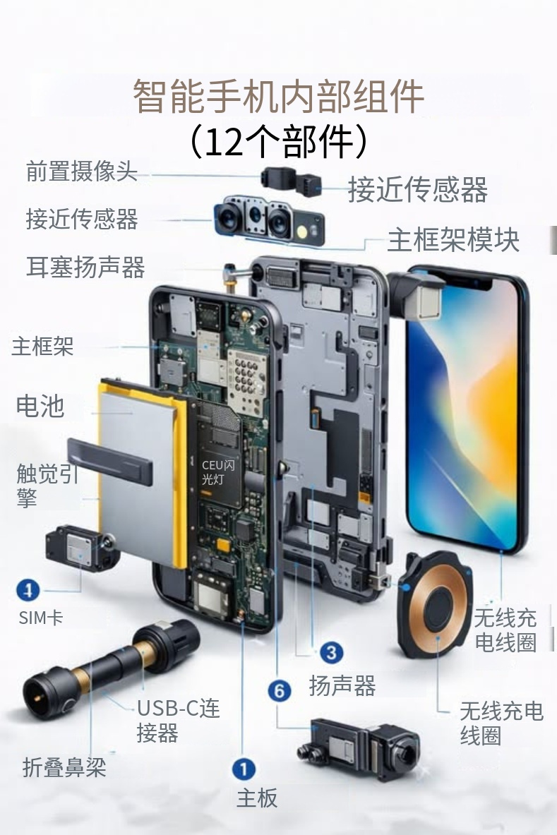 拆开手机才发现小小的机身藏了超多零件！这张图拆解出12个核心部件，咱们每天刷视频