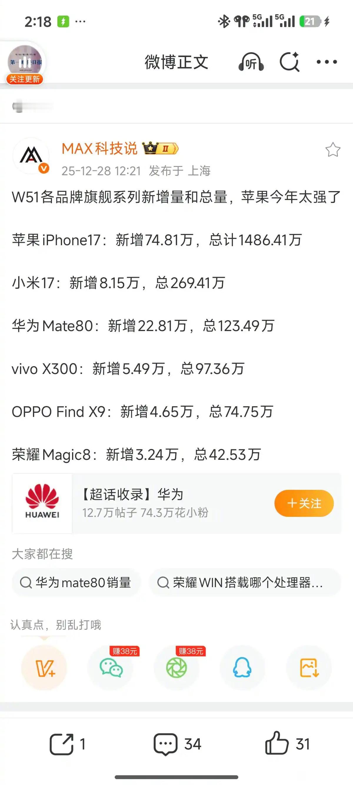 W51各品牌旗舰系列新增量和总量，苹果今年太强了 