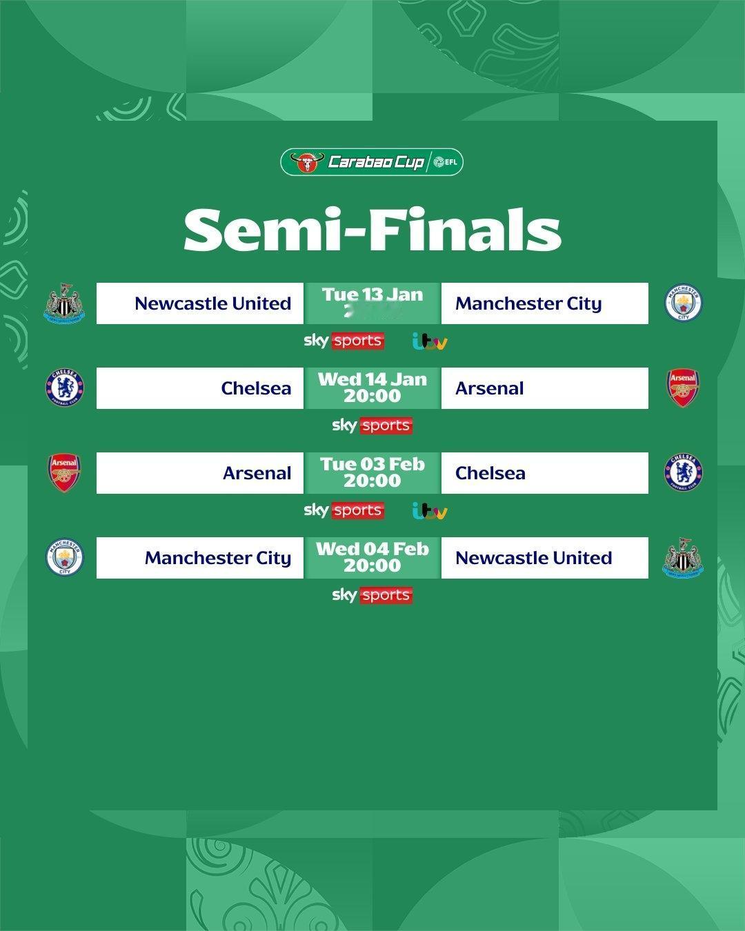 联赛杯半决赛对阵出炉：伦敦德比切尔西vs阿森纳，曼城vs纽卡
12月24日 联赛