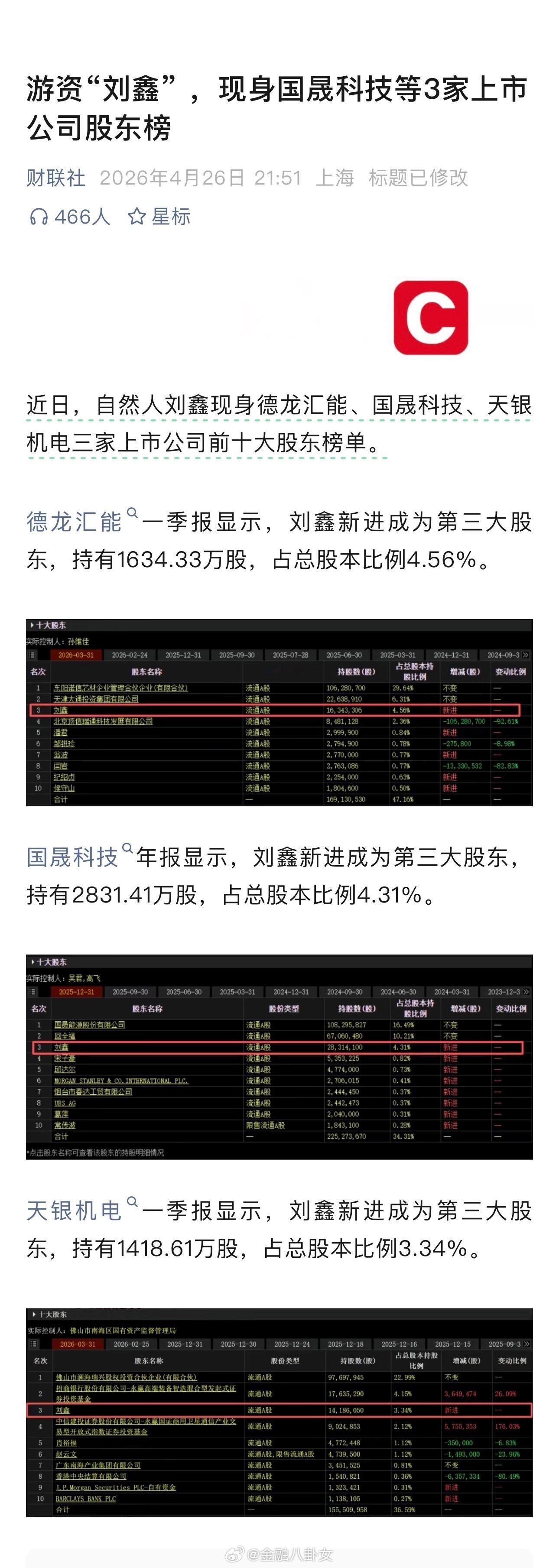 游资“刘鑫” ，现身德龙汇能、国晟科技、天银机电三家上市公司前十大股东榜单