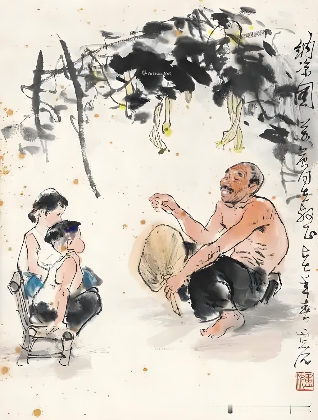 《夏日山中》
——唐.李白
懒摇白羽扇，裸袒青林中。
脱巾挂石壁，露顶洒松风。